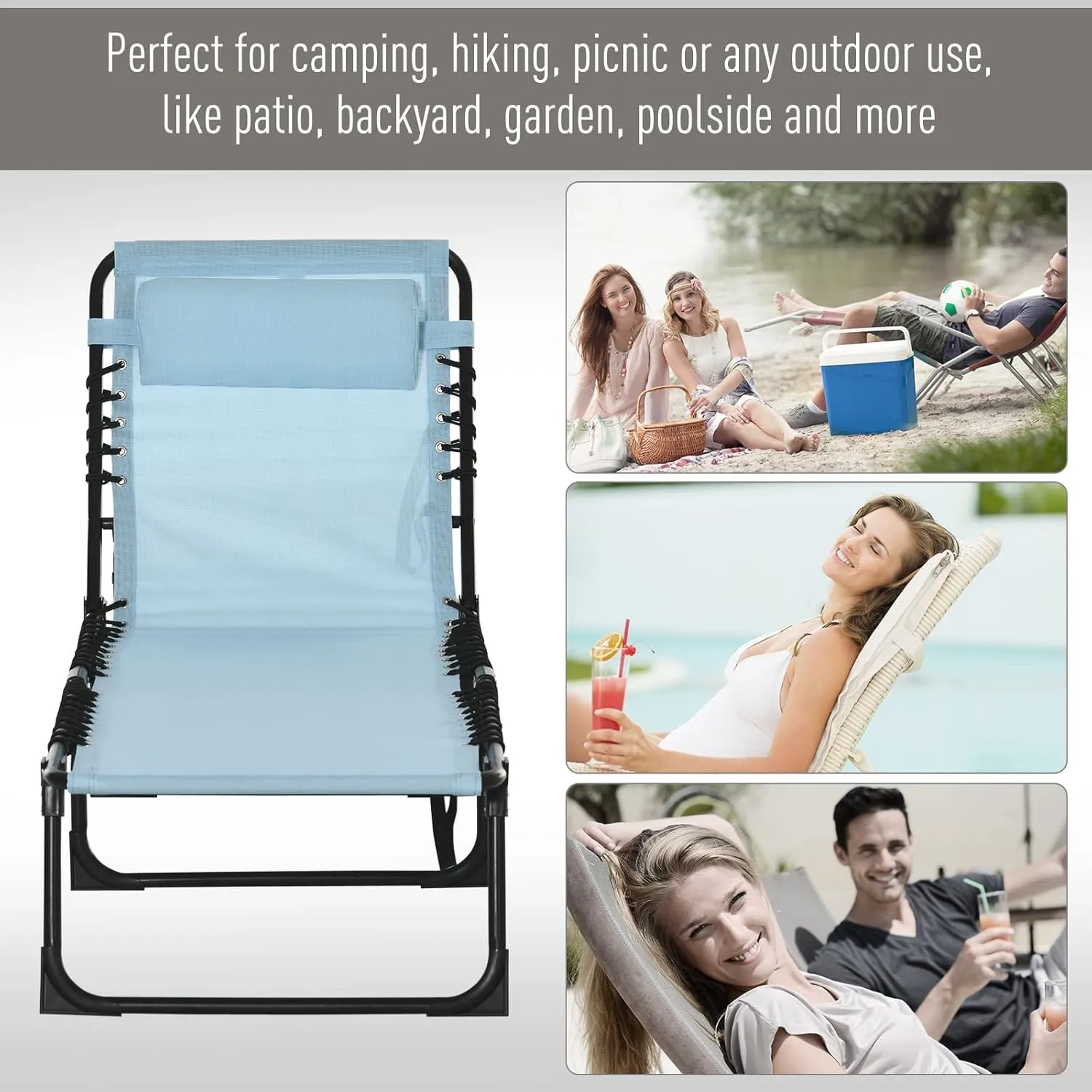 Outsunny Folding Chaise Lounge Chair, Patio Sun Tanning Chair, Outdoor Chaise Lounger with 4-Position Reclining Back, Breathable Mesh Seat for Beach, Poolside, Yard, Baby Blue