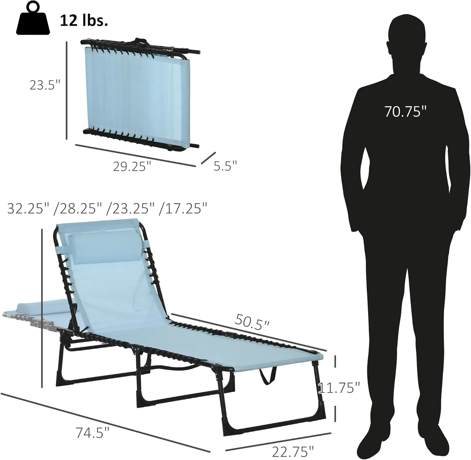 Outsunny Folding Chaise Lounge Chair, Patio Sun Tanning Chair, Outdoor Chaise Lounger with 4-Position Reclining Back, Breathable Mesh Seat for Beach, Poolside, Yard, Baby Blue
