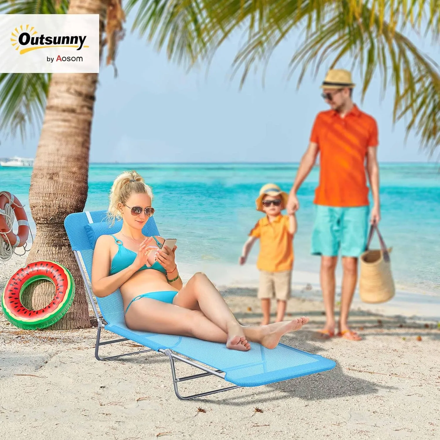 Outsunny Folding Chaise Lounge Pool Chairs, Outdoor Sun Tanning Chairs with Pillow, Reclining Back, Steel Frame & Breathable Mesh for Beach, Yard, Patio, Blue