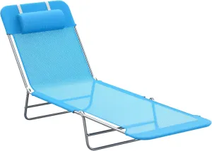 Outsunny Folding Chaise Lounge Pool Chairs, Outdoor Sun Tanning Chairs with Pillow, Reclining Back, Steel Frame & Breathable Mesh for Beach, Yard, Patio, Blue
