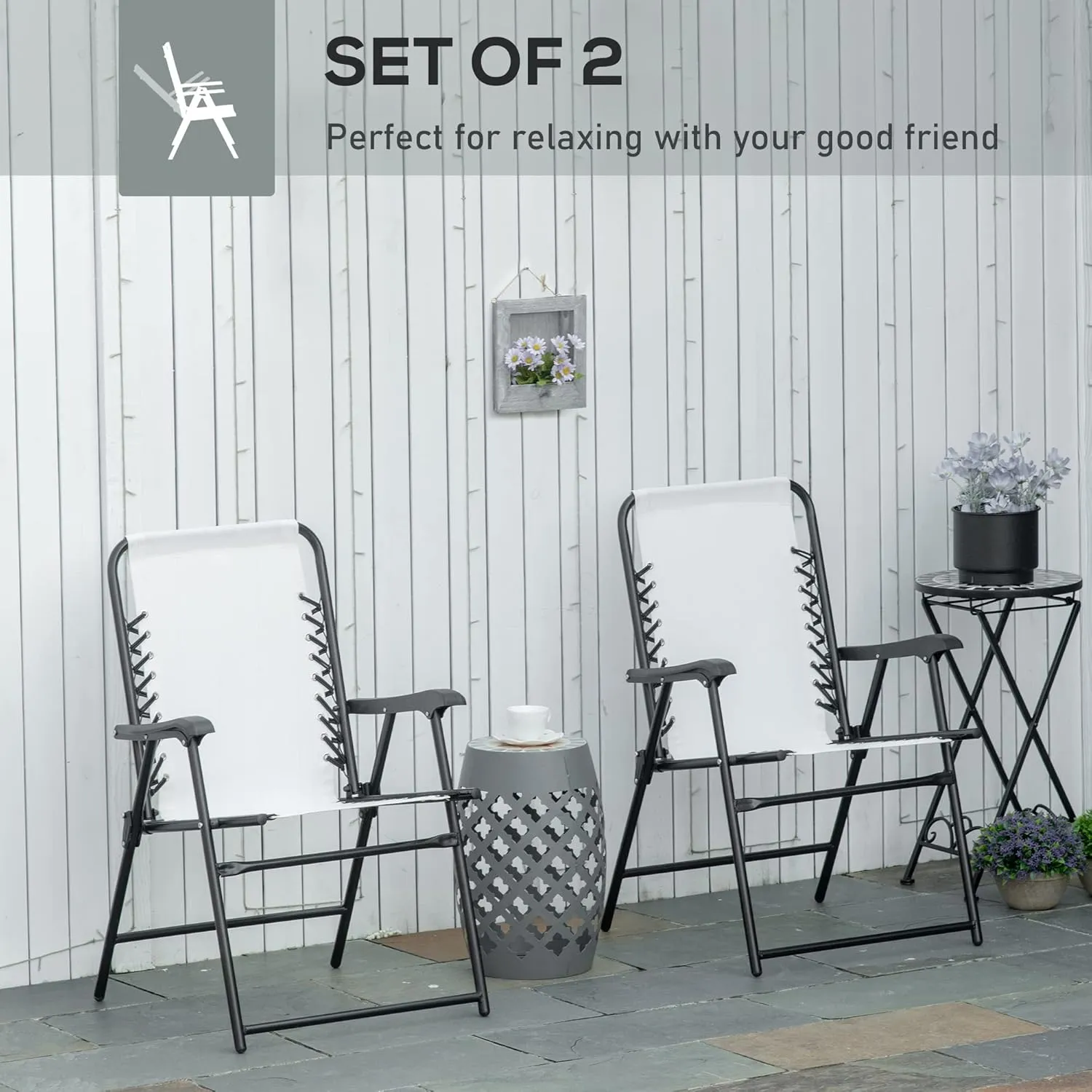 Outsunny Set of 2 Patio Folding Chairs, Outdoor Bungee Sling Chairs w/Armrests, Portable Lawn Chairs for Camping, Garden, Pool, Beach, Backyard, Cream White