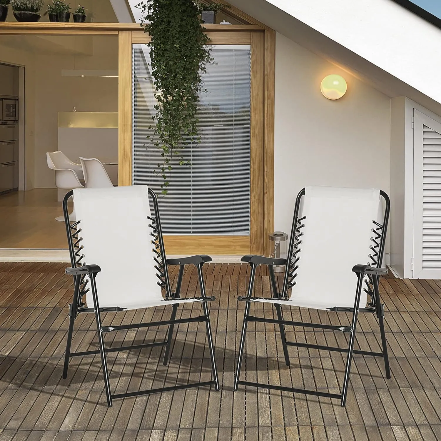 Outsunny Set of 2 Patio Folding Chairs, Outdoor Bungee Sling Chairs w/Armrests, Portable Lawn Chairs for Camping, Garden, Pool, Beach, Backyard, Cream White