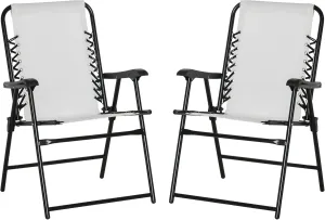 Outsunny Set of 2 Patio Folding Chairs, Outdoor Bungee Sling Chairs w/Armrests, Portable Lawn Chairs for Camping, Garden, Pool, Beach, Backyard, Cream White
