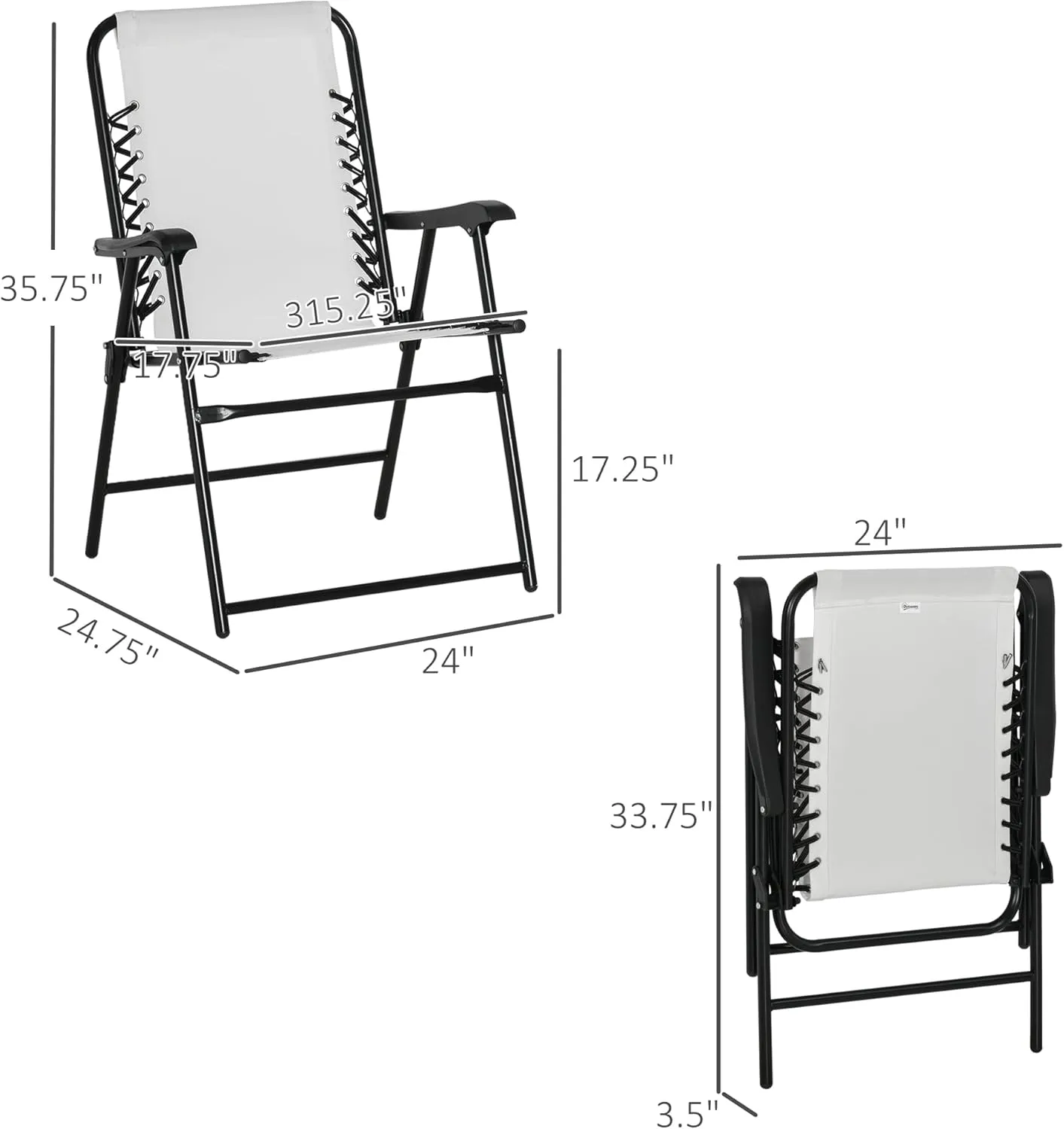 Outsunny Set of 2 Patio Folding Chairs, Outdoor Bungee Sling Chairs w/Armrests, Portable Lawn Chairs for Camping, Garden, Pool, Beach, Backyard, Cream White