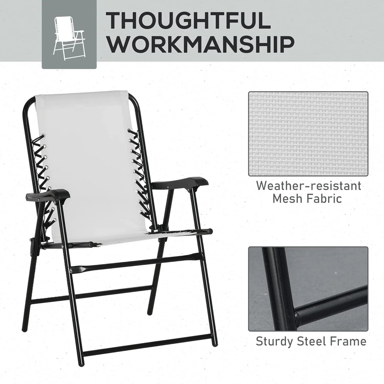 Outsunny Set of 2 Patio Folding Chairs, Outdoor Bungee Sling Chairs w/Armrests, Portable Lawn Chairs for Camping, Garden, Pool, Beach, Backyard, Cream White