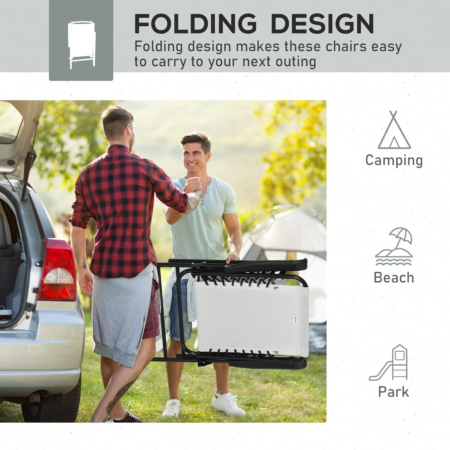 Outsunny Set of 2 Patio Folding Chairs, Outdoor Bungee Sling Chairs w/Armrests, Portable Lawn Chairs for Camping, Garden, Pool, Beach, Backyard, Cream White