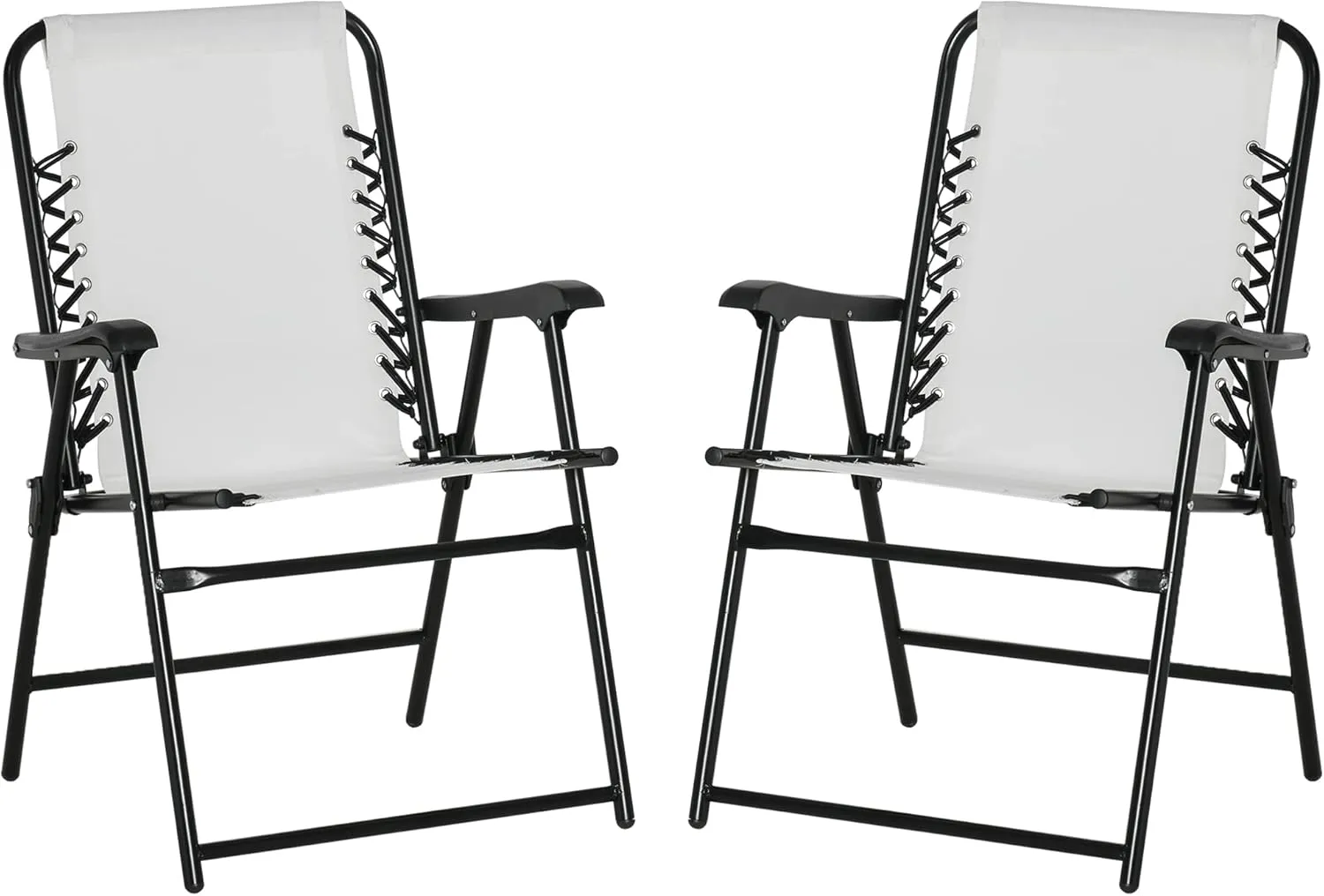 Outsunny Set of 2 Patio Folding Chairs, Outdoor Bungee Sling Chairs w/Armrests, Portable Lawn Chairs for Camping, Garden, Pool, Beach, Backyard, Cream White