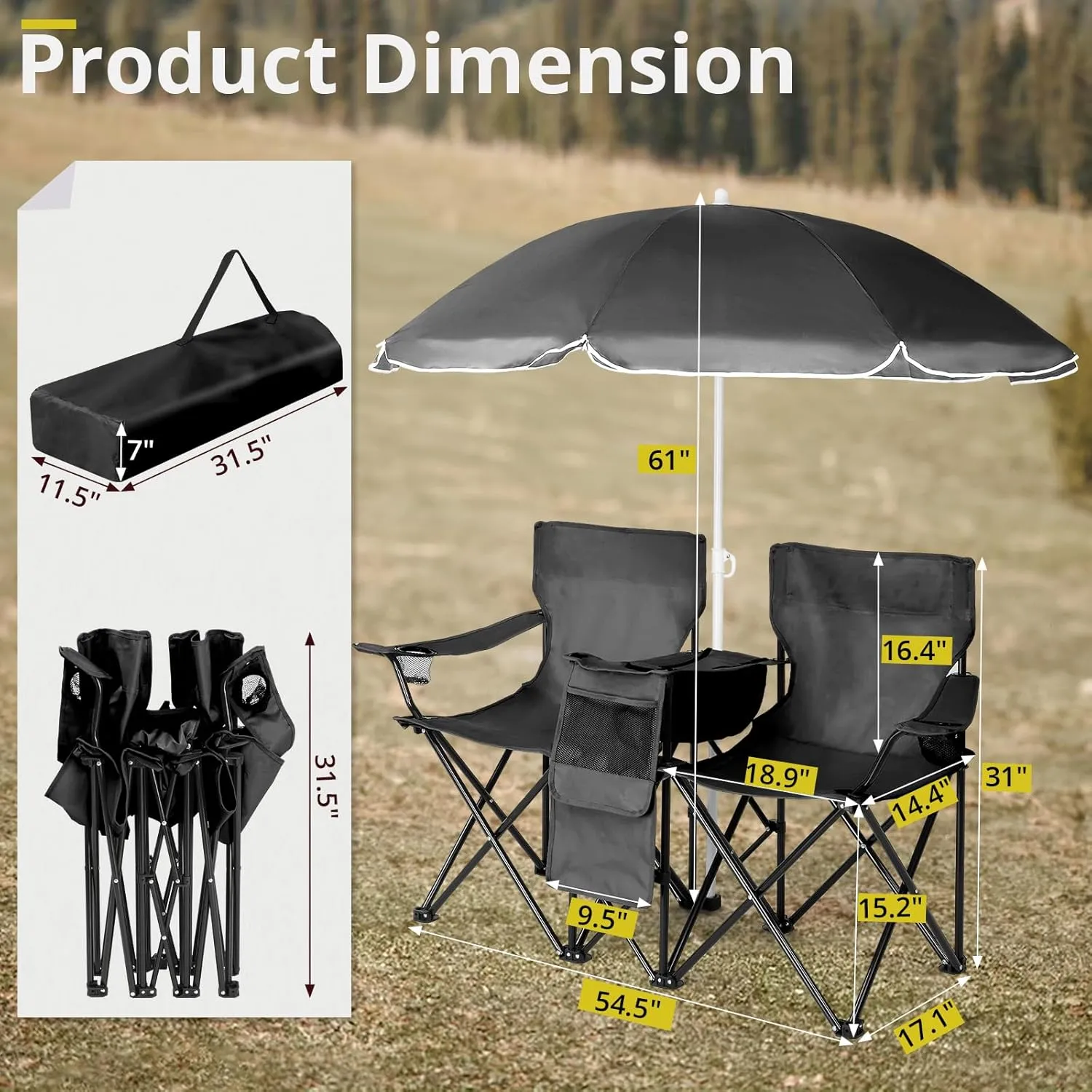 Outvita Folding Double Camping Chair w/Umbrella Beverage Holder Carrying Bag Cooler Fold Up Table, Large Bearing Capacity for Beach Patio Pool Park Outdoor Black
