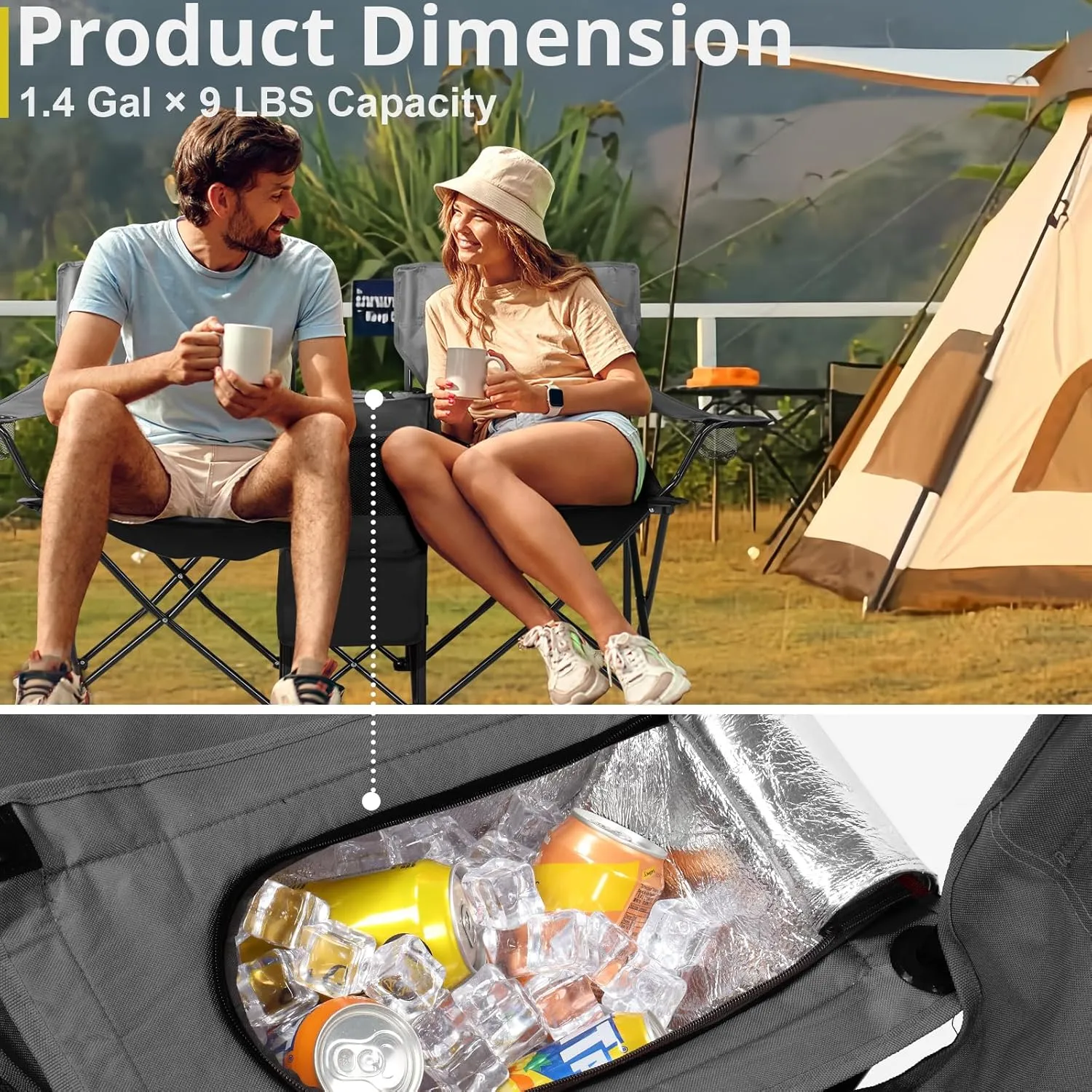 Outvita Folding Double Camping Chair w/Umbrella Beverage Holder Carrying Bag Cooler Fold Up Table, Large Bearing Capacity for Beach Patio Pool Park Outdoor Black