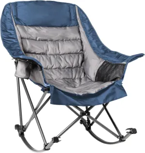 Oversized Rocking Camping Chair for Adults - 400lbs Capacity Padded Camp Chair with Cup Holder, Portable Foldable Outdoor Rocker Chair for Camping, Backyard, Patio (Blue & Gray)