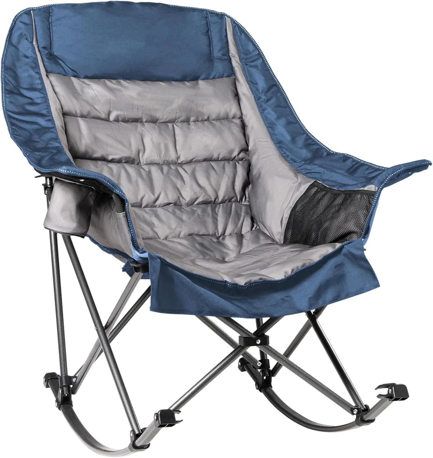 Oversized Rocking Camping Chair for Adults - 400lbs Capacity Padded Camp Chair with Cup Holder, Portable Foldable Outdoor Rocker Chair for Camping, Backyard, Patio (Blue & Gray)