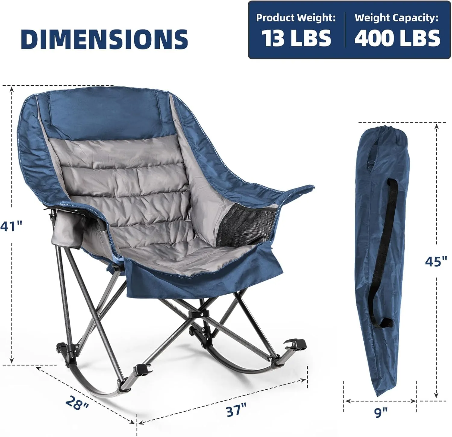 Oversized Rocking Camping Chair for Adults - 400lbs Capacity Padded Camp Chair with Cup Holder, Portable Foldable Outdoor Rocker Chair for Camping, Backyard, Patio (Blue & Gray)