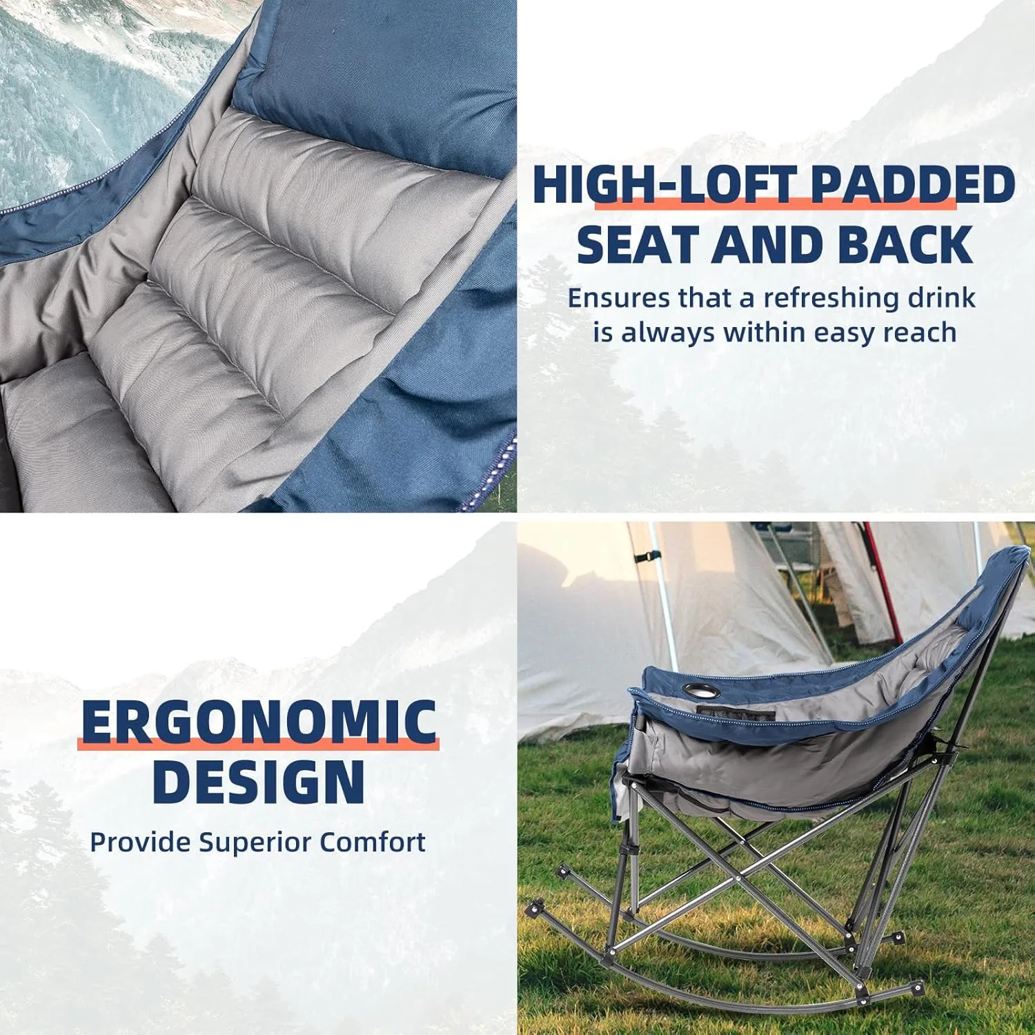 Oversized Rocking Camping Chair for Adults - 400lbs Capacity Padded Camp Chair with Cup Holder, Portable Foldable Outdoor Rocker Chair for Camping, Backyard, Patio (Blue & Gray)