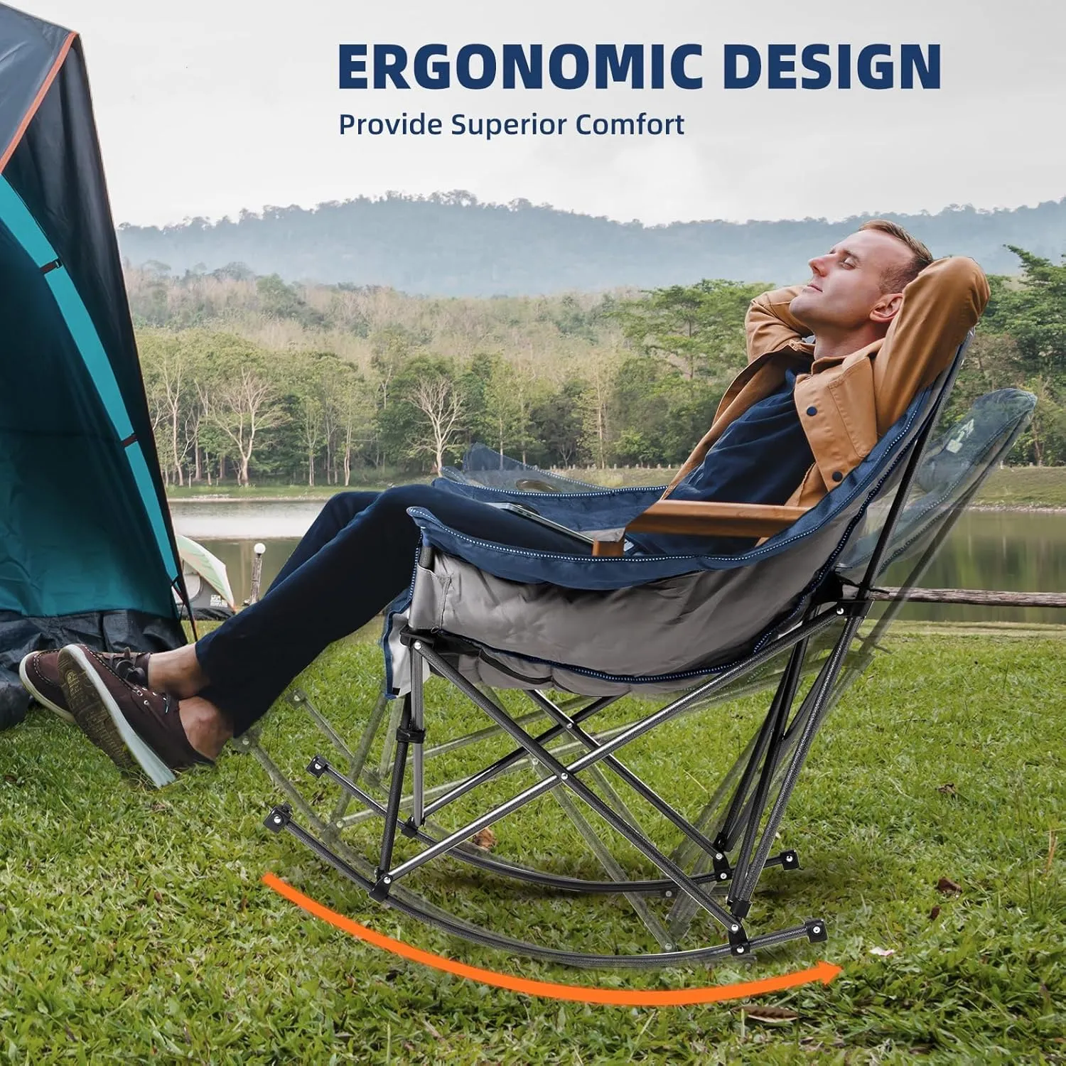 Oversized Rocking Camping Chair for Adults - 400lbs Capacity Padded Camp Chair with Cup Holder, Portable Foldable Outdoor Rocker Chair for Camping, Backyard, Patio (Blue & Gray)