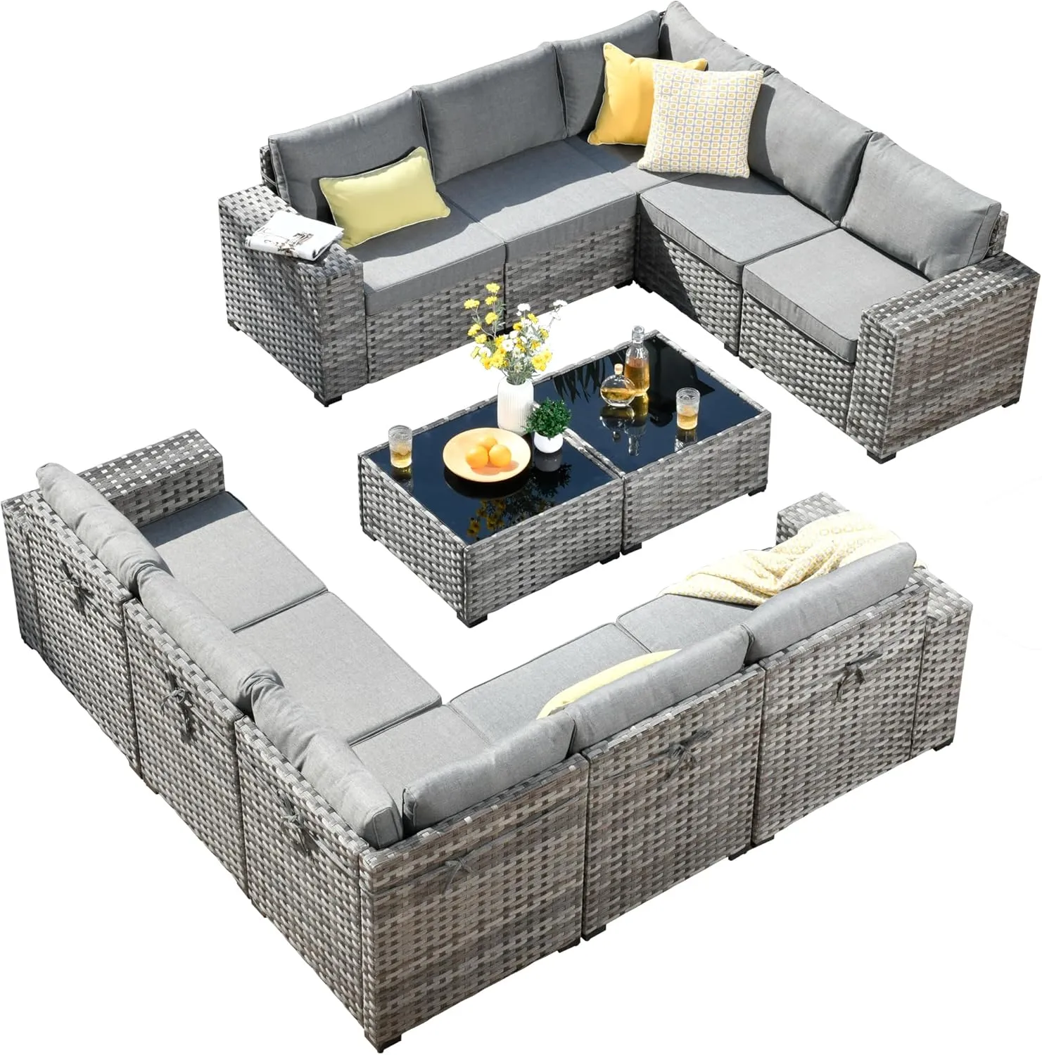 ovios 12 Pieces Patio Furniture Set, Outdoor Wicker Sectional Sofa with Coffee Table Comfy Cushions, Modern Modular Deep Seat Rattan Couch Conversation Set, Dark Grey