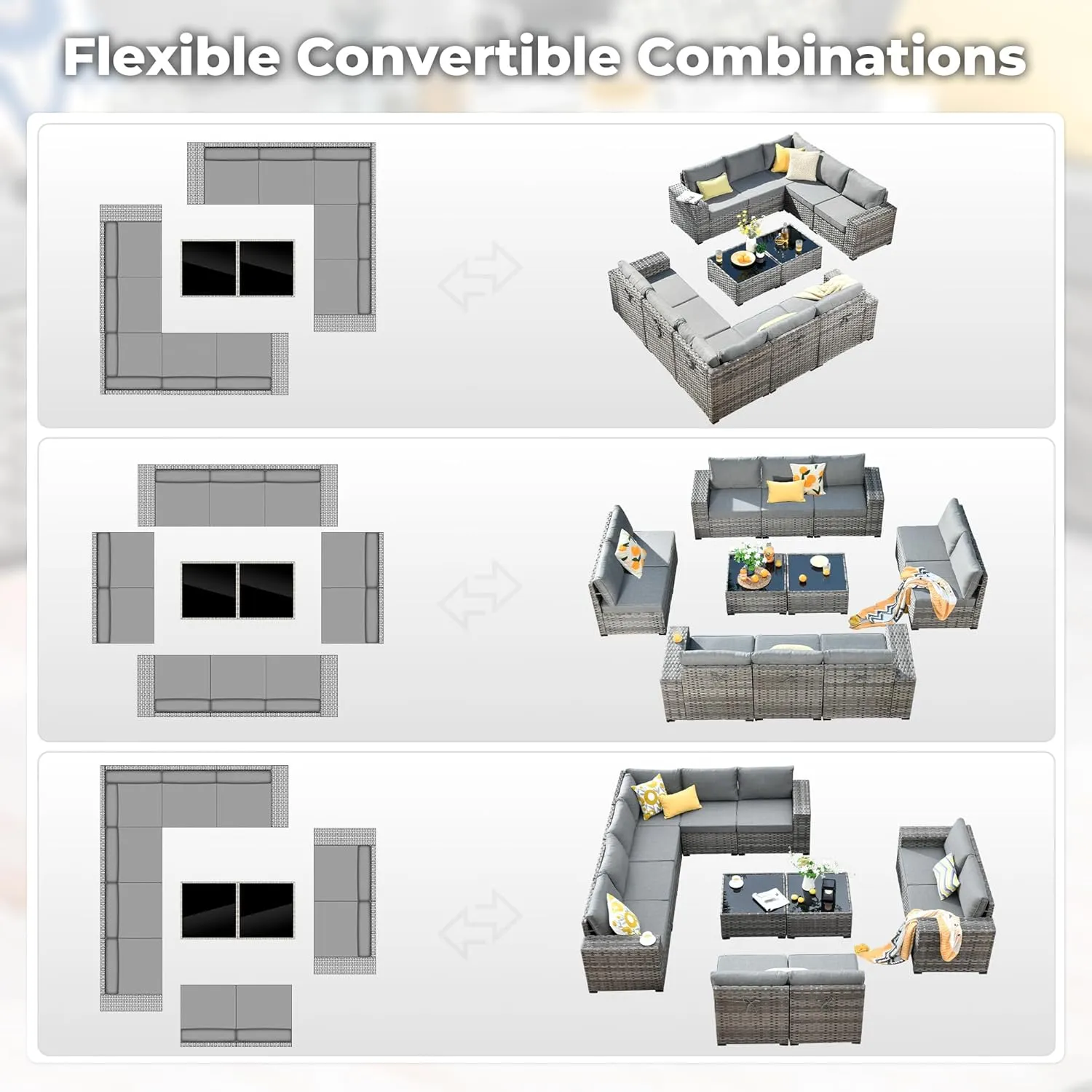 ovios 12 Pieces Patio Furniture Set, Outdoor Wicker Sectional Sofa with Coffee Table Comfy Cushions, Modern Modular Deep Seat Rattan Couch Conversation Set, Dark Grey