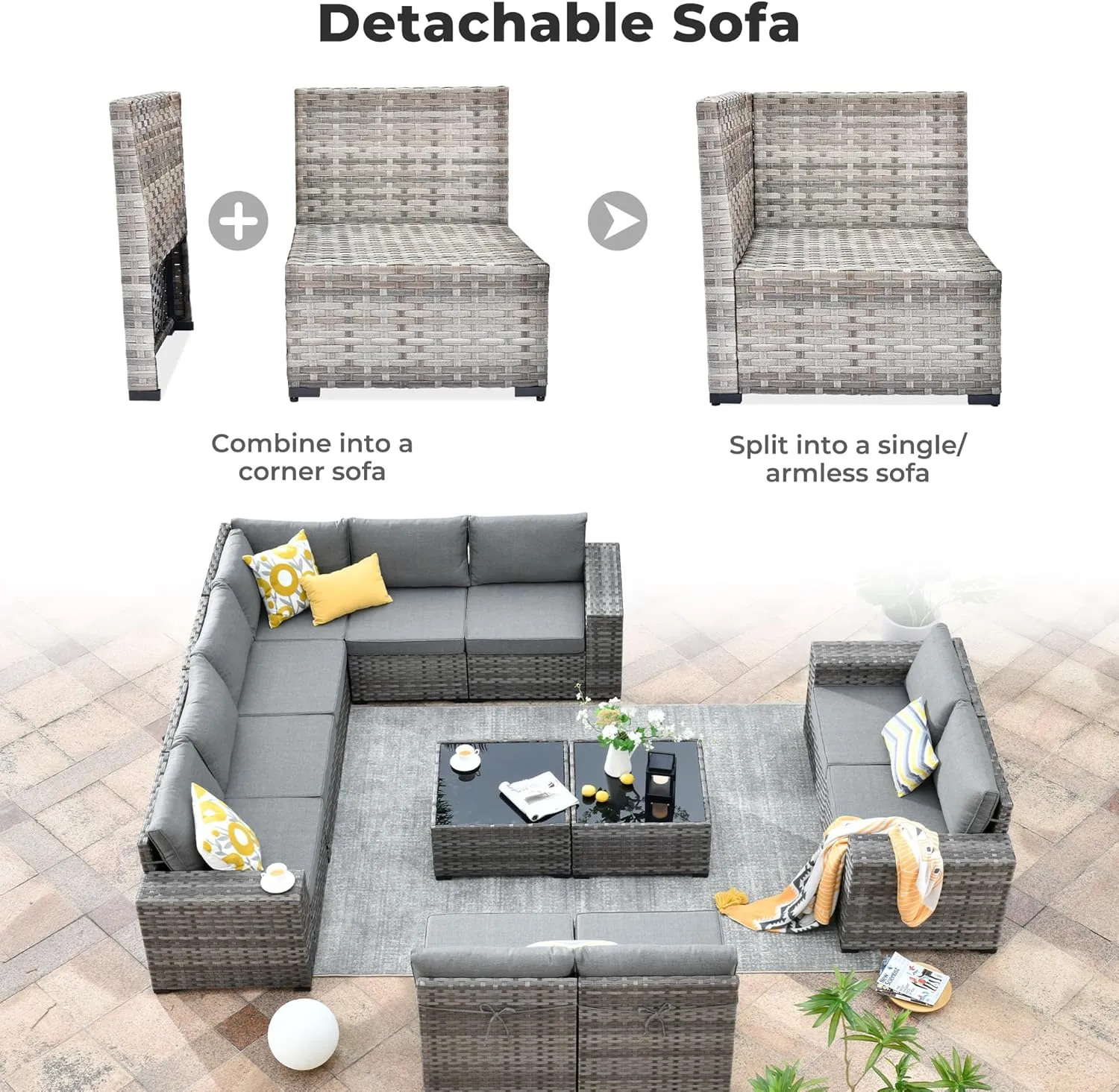 ovios 12 Pieces Patio Furniture Set, Outdoor Wicker Sectional Sofa with Coffee Table Comfy Cushions, Modern Modular Deep Seat Rattan Couch Conversation Set, Dark Grey