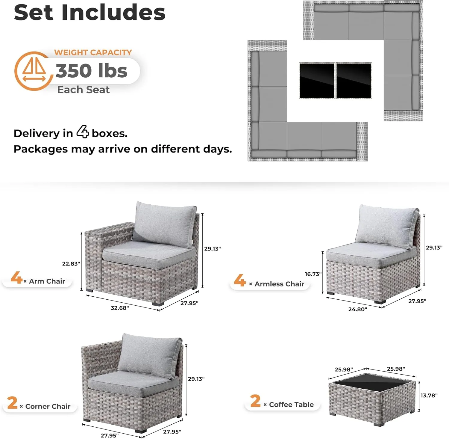 ovios 12 Pieces Patio Furniture Set, Outdoor Wicker Sectional Sofa with Coffee Table Comfy Cushions, Modern Modular Deep Seat Rattan Couch Conversation Set, Dark Grey