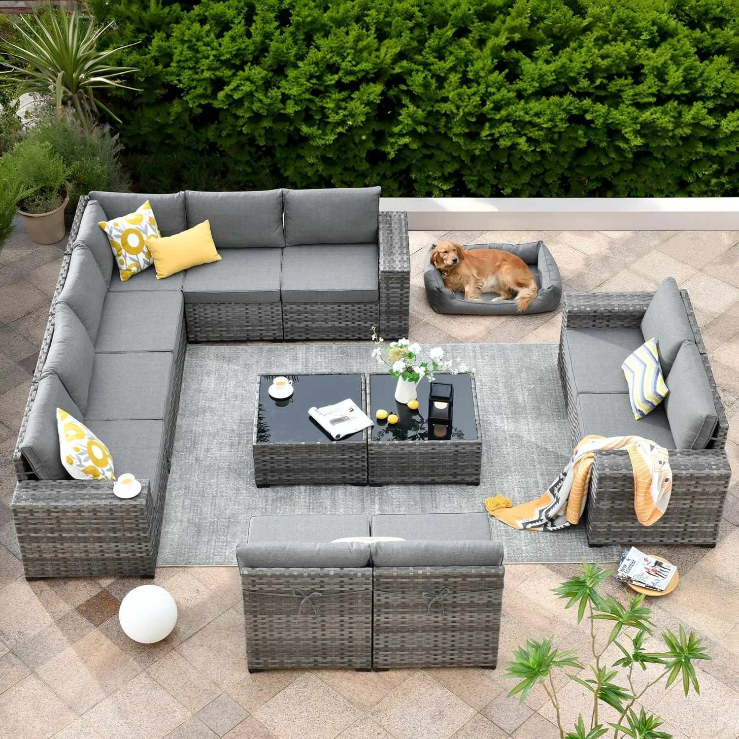 ovios 12 Pieces Patio Furniture Set, Outdoor Wicker Sectional Sofa with Coffee Table Comfy Cushions, Modern Modular Deep Seat Rattan Couch Conversation Set, Dark Grey