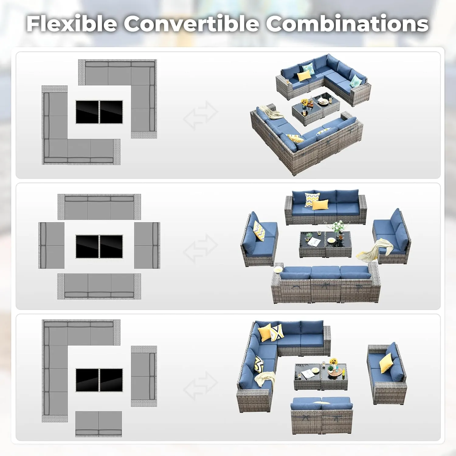 ovios 12 Pieces Patio Furniture Set, Outdoor Wicker Sectional Sofa with Coffee Table Comfy Cushions, Modern Modular Deep Seat Rattan Couch Conversation Set, Denim Blue