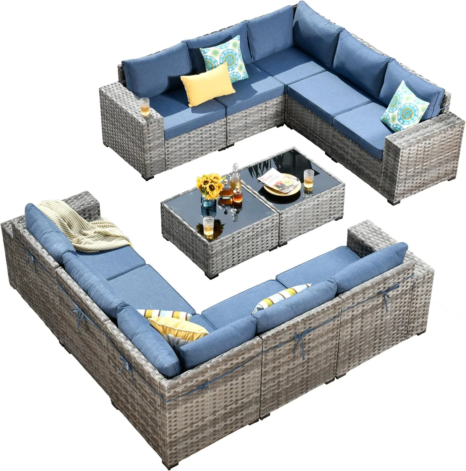 ovios 12 Pieces Patio Furniture Set, Outdoor Wicker Sectional Sofa with Coffee Table Comfy Cushions, Modern Modular Deep Seat Rattan Couch Conversation Set, Denim Blue