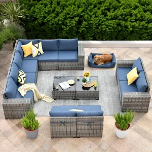 ovios 12 Pieces Patio Furniture Set, Outdoor Wicker Sectional Sofa with Coffee Table Comfy Cushions, Modern Modular Deep Seat Rattan Couch Conversation Set, Denim Blue