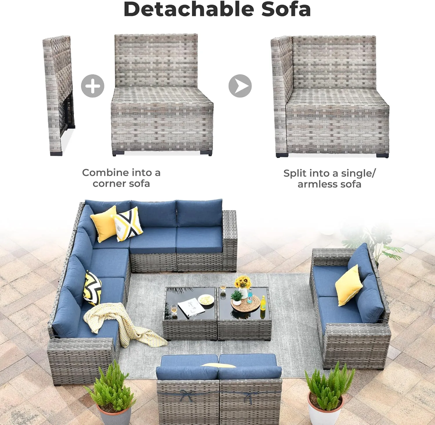 ovios 12 Pieces Patio Furniture Set, Outdoor Wicker Sectional Sofa with Coffee Table Comfy Cushions, Modern Modular Deep Seat Rattan Couch Conversation Set, Denim Blue