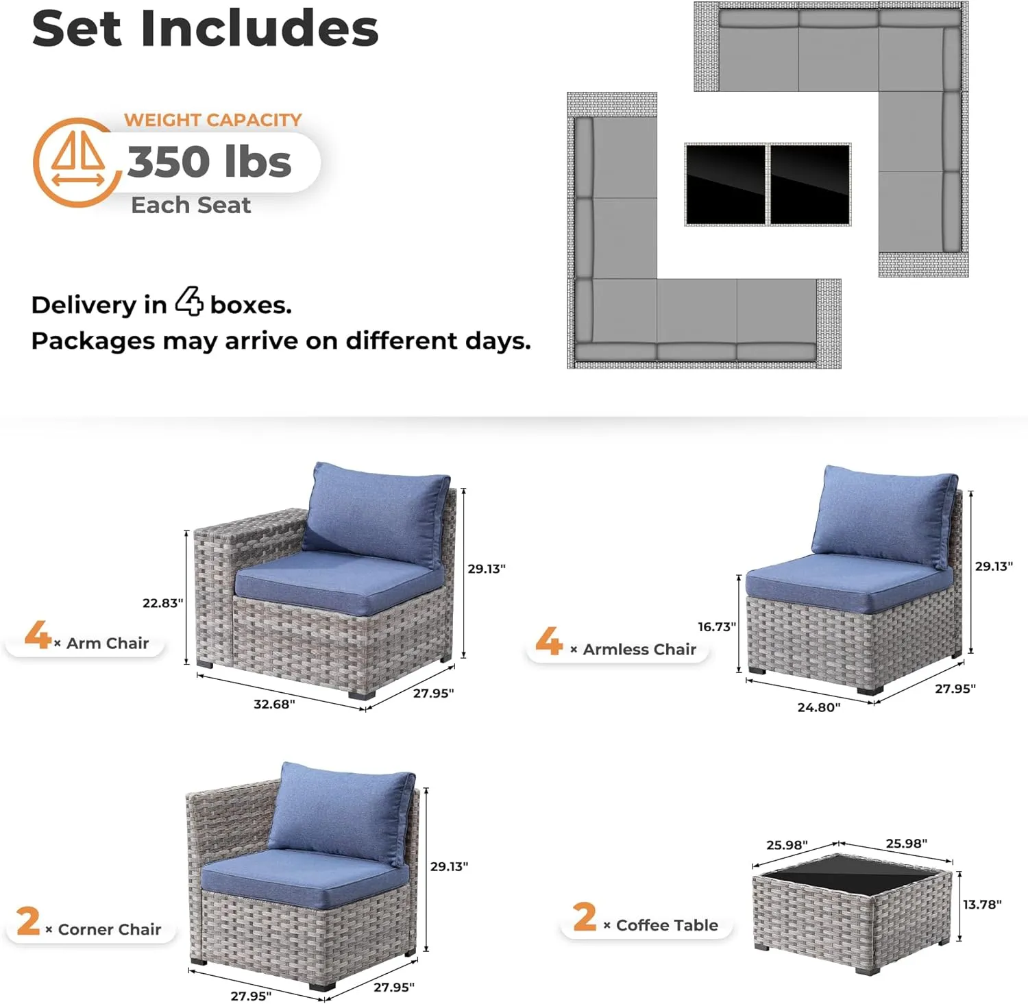 ovios 12 Pieces Patio Furniture Set, Outdoor Wicker Sectional Sofa with Coffee Table Comfy Cushions, Modern Modular Deep Seat Rattan Couch Conversation Set, Denim Blue