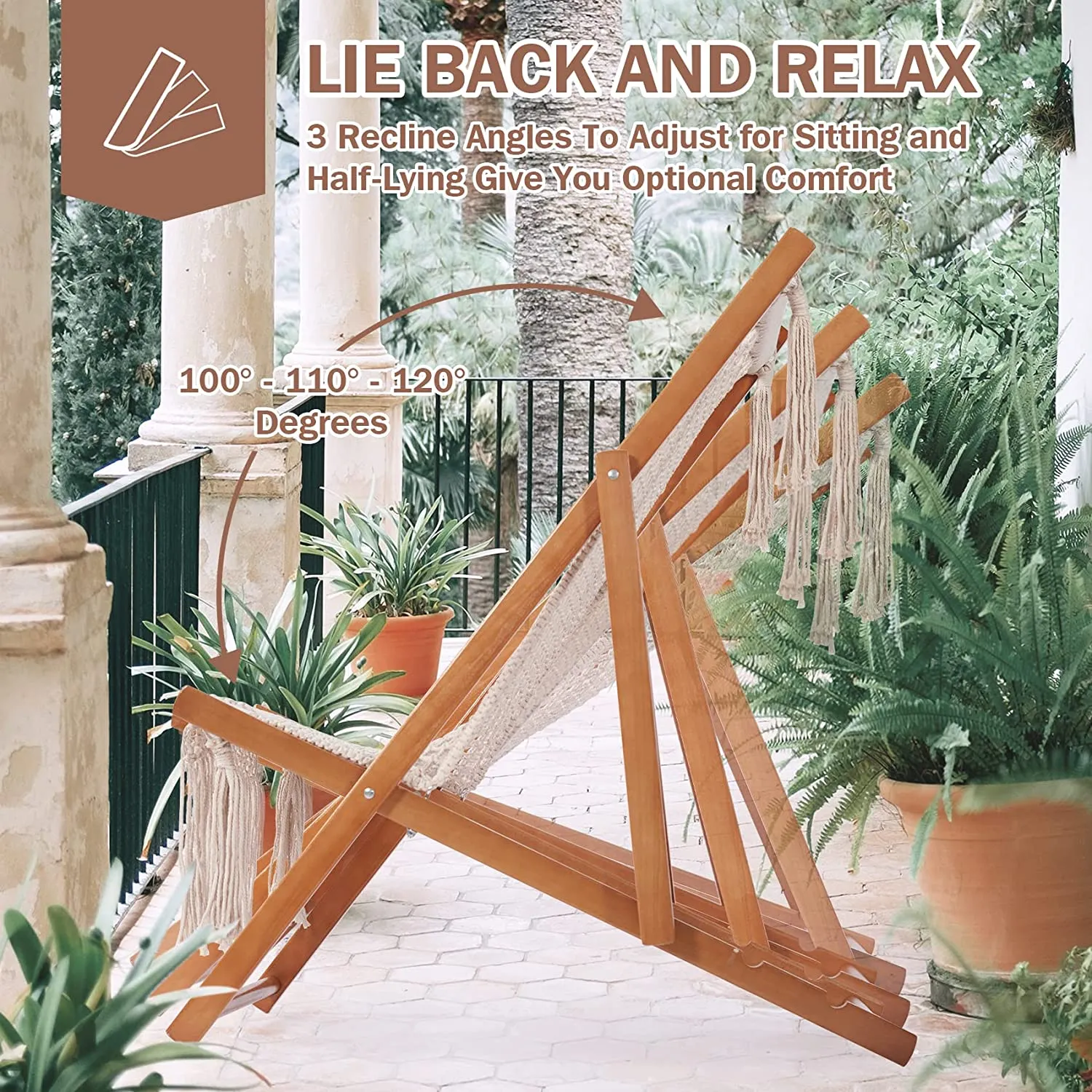 PASAMIC Beach Sling Chair, Folding Patio Chairs with 3 Level Height Reclining, Lounge Camping Chair, 100% Cotton Handmade & Wooden Frame, Beach Lounge Chairs for Lawn Deck Patio Yard Garden Outdoor or Indoor