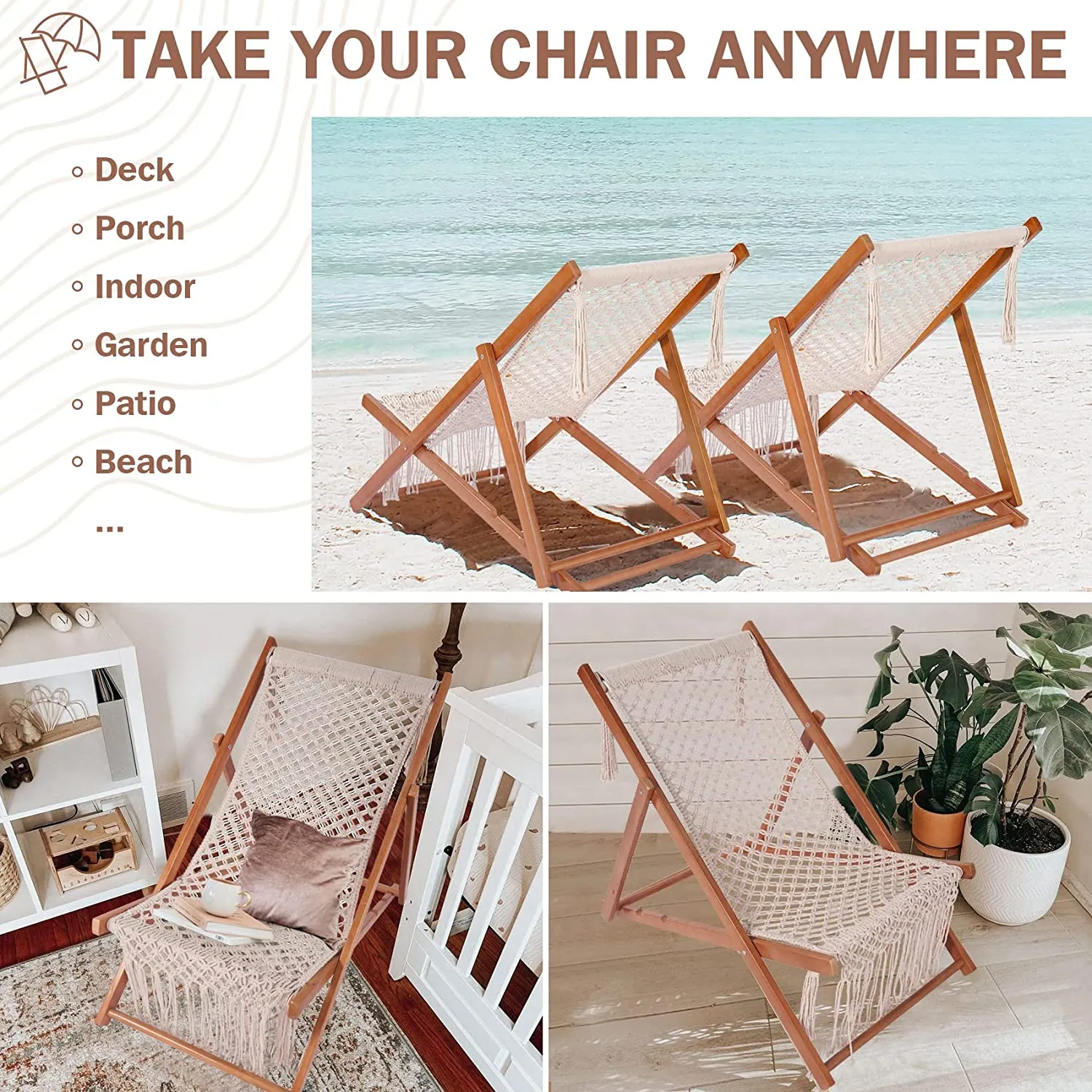 PASAMIC Beach Sling Chair, Folding Patio Chairs with 3 Level Height Reclining, Lounge Camping Chair, 100% Cotton Handmade & Wooden Frame, Beach Lounge Chairs for Lawn Deck Patio Yard Garden Outdoor or Indoor