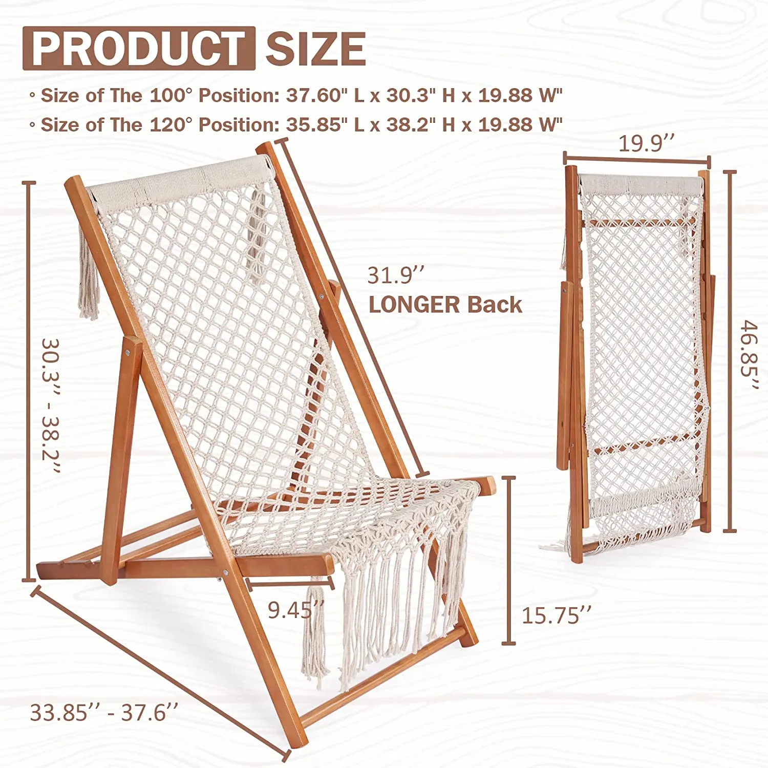 PASAMIC Beach Sling Chair, Folding Patio Chairs with 3 Level Height Reclining, Lounge Camping Chair, 100% Cotton Handmade & Wooden Frame, Beach Lounge Chairs for Lawn Deck Patio Yard Garden Outdoor or Indoor