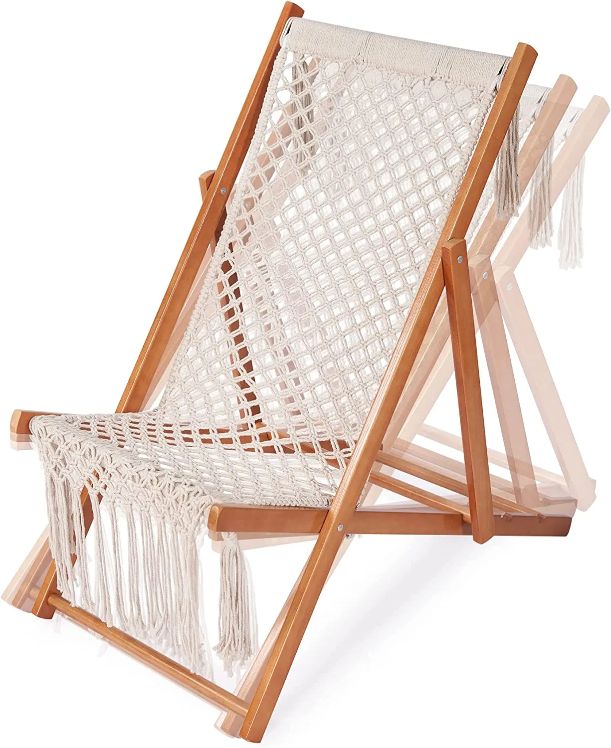 PASAMIC Beach Sling Chair, Folding Patio Chairs with 3 Level Height Reclining, Lounge Camping Chair, 100% Cotton Handmade & Wooden Frame, Beach Lounge Chairs for Lawn Deck Patio Yard Garden Outdoor or Indoor