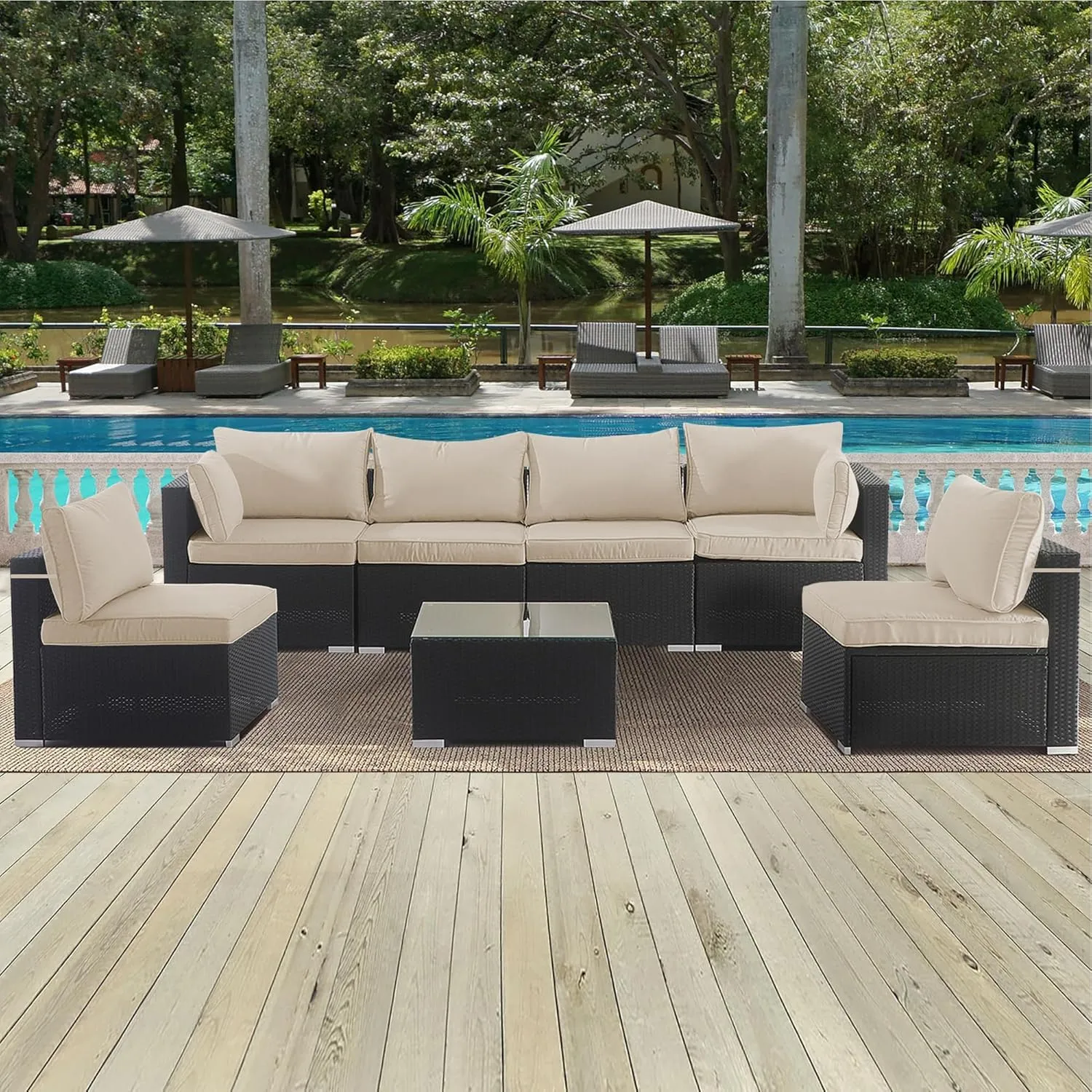 Patio Cushion Covers Replacement, 14Pcs Outdoor Cushion Slipcovers for Seaters Sofa Waterproof Outdoor Seat Cushion Covers with Zipper 3 Sizes, Covers Only (Khaki)