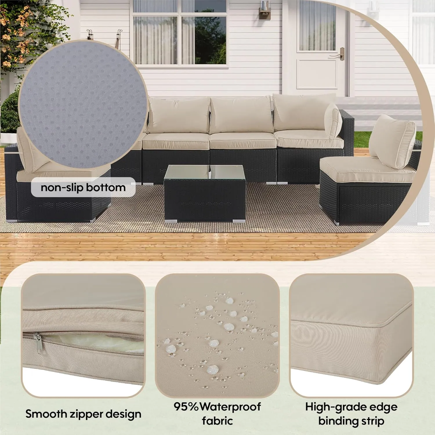 Patio Cushion Covers Replacement, 14Pcs Outdoor Cushion Slipcovers for Seaters Sofa Waterproof Outdoor Seat Cushion Covers with Zipper 3 Sizes, Covers Only (Khaki)
