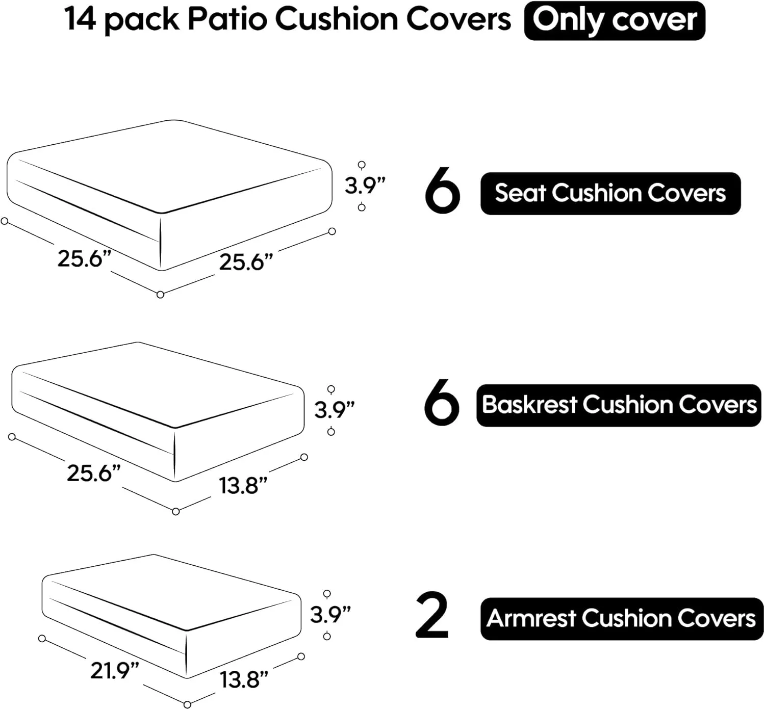Patio Cushion Covers Replacement, 14Pcs Outdoor Cushion Slipcovers for Seaters Sofa Waterproof Outdoor Seat Cushion Covers with Zipper 3 Sizes, Covers Only (Khaki)