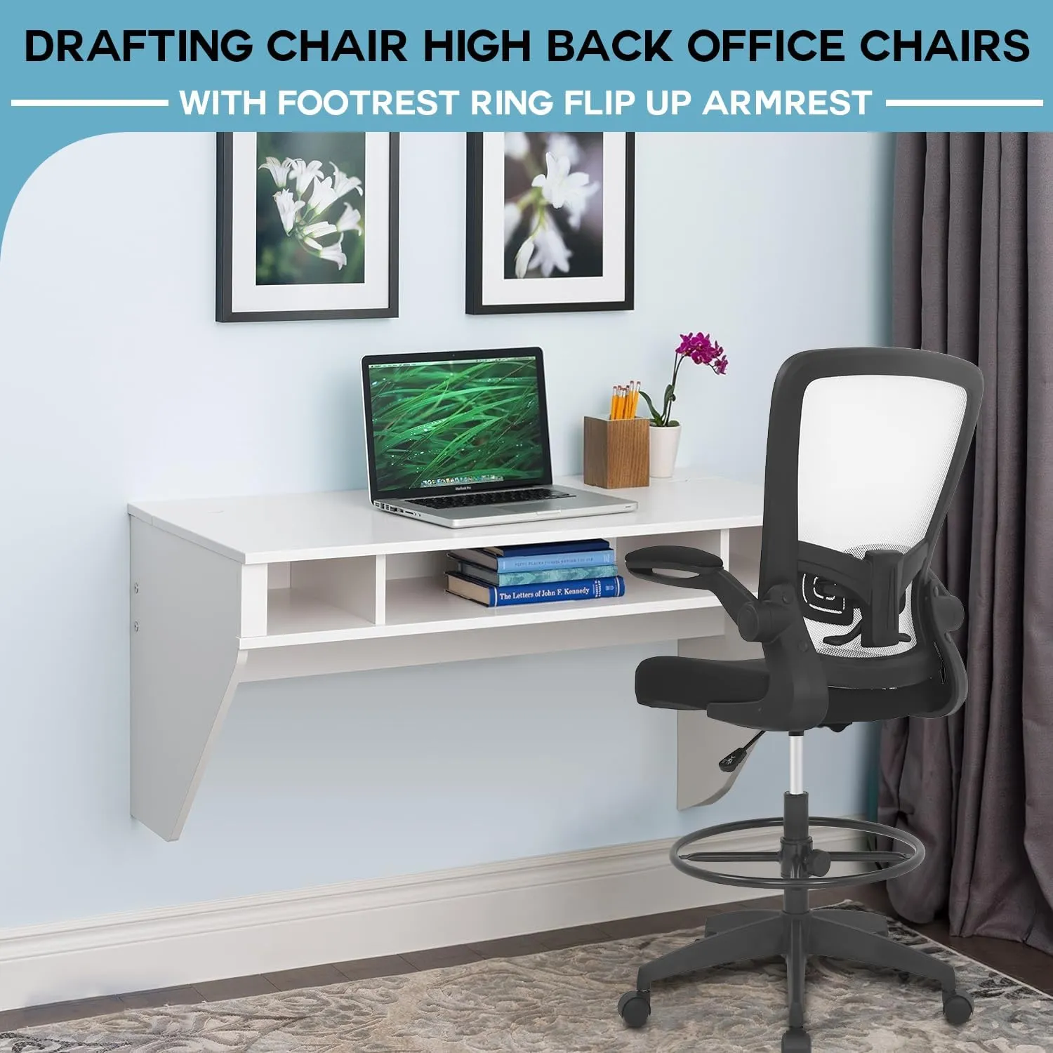 PayLessHere Ergonomic Drafting Chair Tall Office Chair High Adjustable Standing Desk Chair with Lumbar Support Mesh Back Footrest Flip-Up Arms for Office Computer Desk Standing Desk (White)