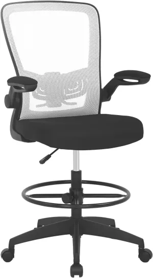 PayLessHere Ergonomic Drafting Chair Tall Office Chair High Adjustable Standing Desk Chair with Lumbar Support Mesh Back Footrest Flip-Up Arms for Office Computer Desk Standing Desk (White)