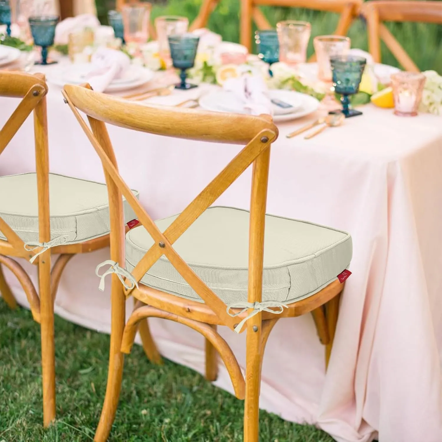 Pcinfuns Outdoor Chair Cushions Set of 2,Thick 17" x 16" x 3" Cushion for Patio Furniture,Round Corner Patio Chair pads with Ties, Memory Foam Outdoor Seat Cushions,Beige