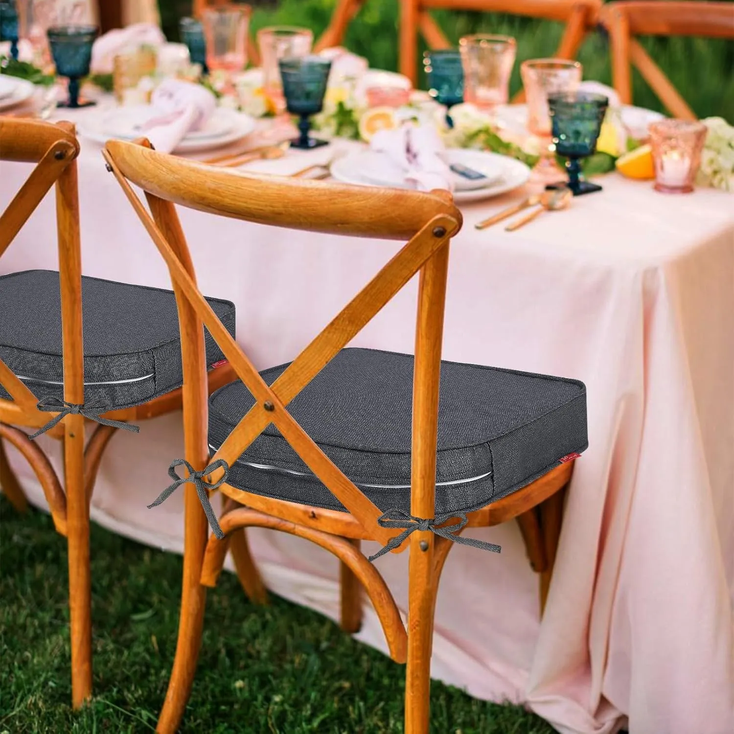 Pcinfuns Outdoor Chair Cushions Set of 2,Thick 17" x 16" x 3" Cushion for Patio Furniture,Round Corner Patio Chair Pads with Ties, Memory Foam Outdoor Seat Cushions,Black Grey