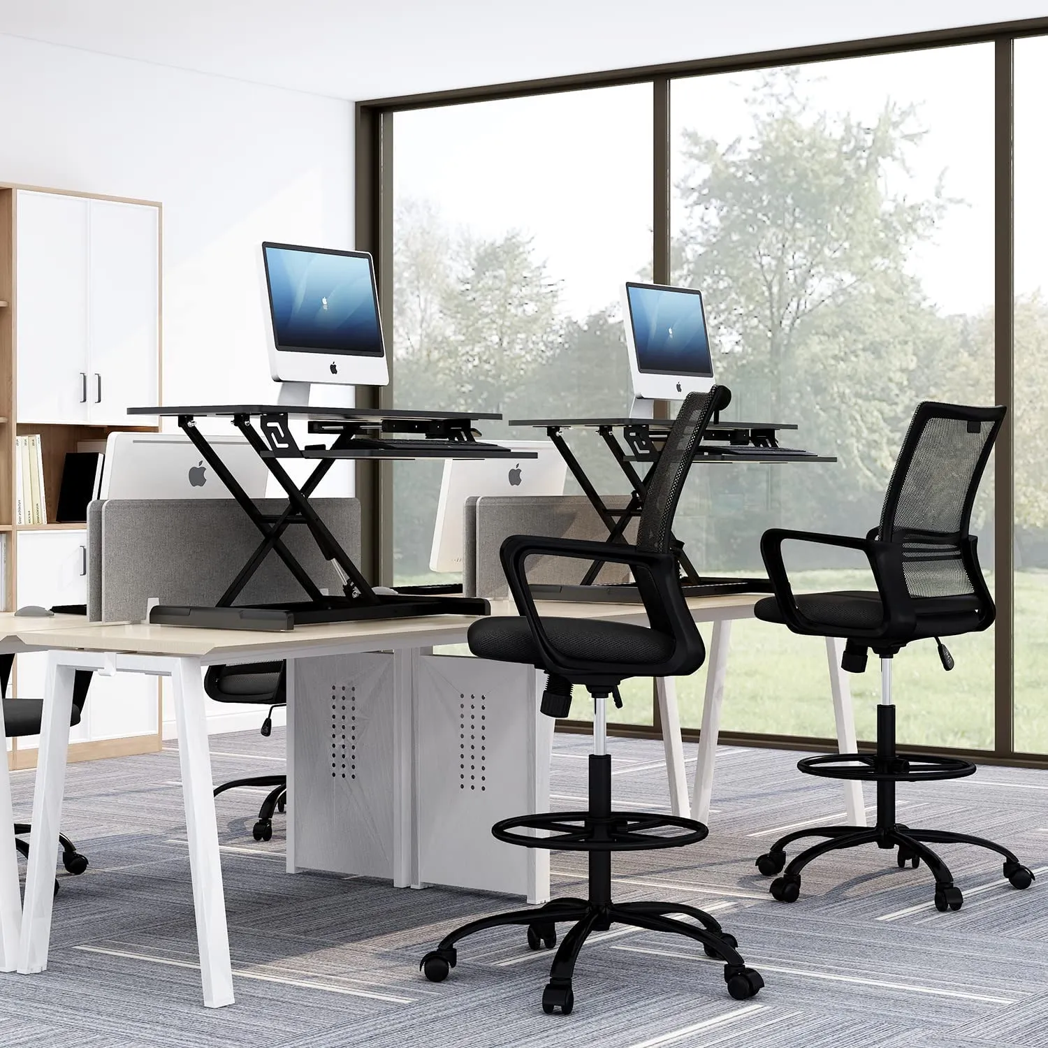 PEOM LIFE Drafting Chair Tall Office Chair - Comfortable Standing Desk Chair Foot Rest Height Adjustable with Armrests Mesh Mid-Back Desk Chair (Black, Modern)