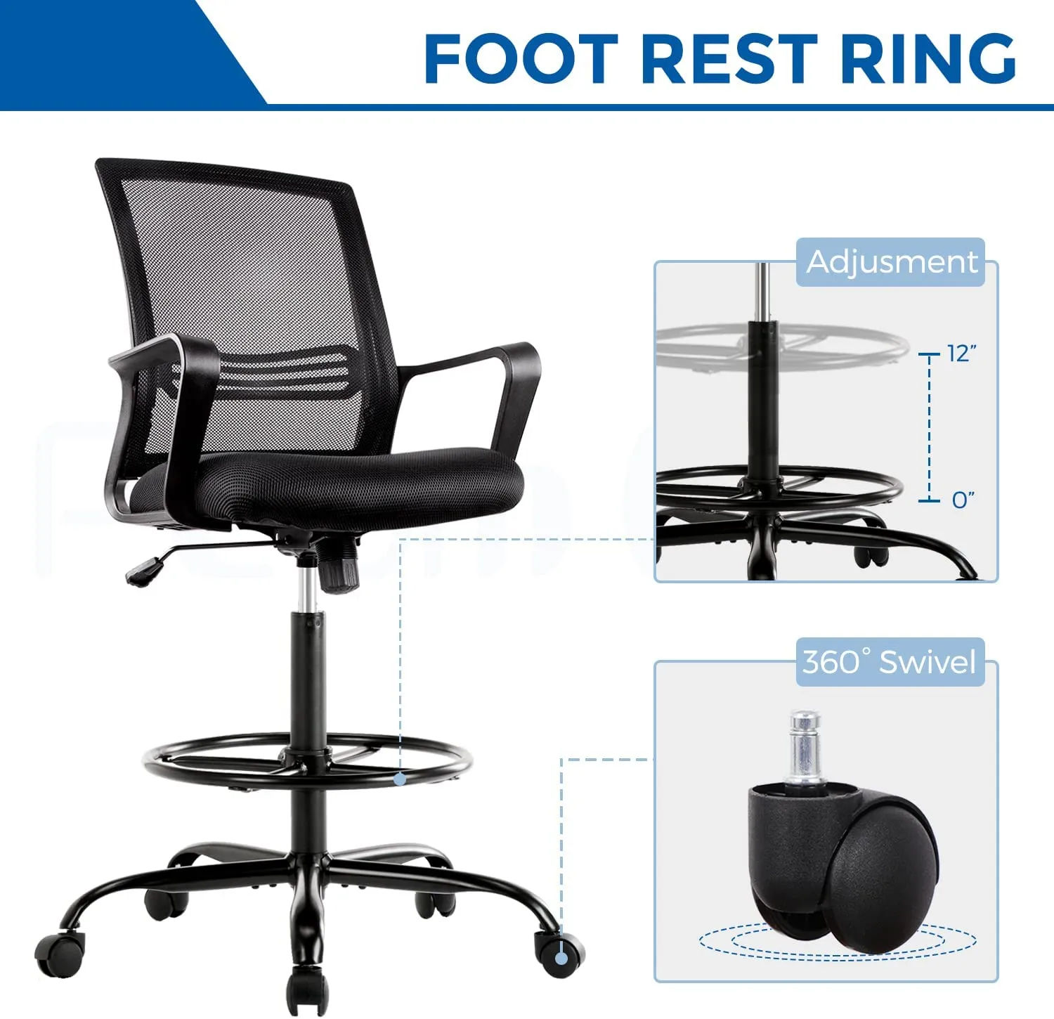 PEOM LIFE Drafting Chair Tall Office Chair - Comfortable Standing Desk Chair Foot Rest Height Adjustable with Armrests Mesh Mid-Back Desk Chair (Black, Modern)
