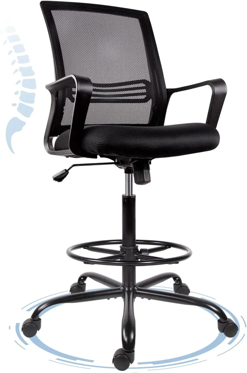 PEOM LIFE Drafting Chair Tall Office Chair - Comfortable Standing Desk Chair Foot Rest Height Adjustable with Armrests Mesh Mid-Back Desk Chair (Black, Modern)