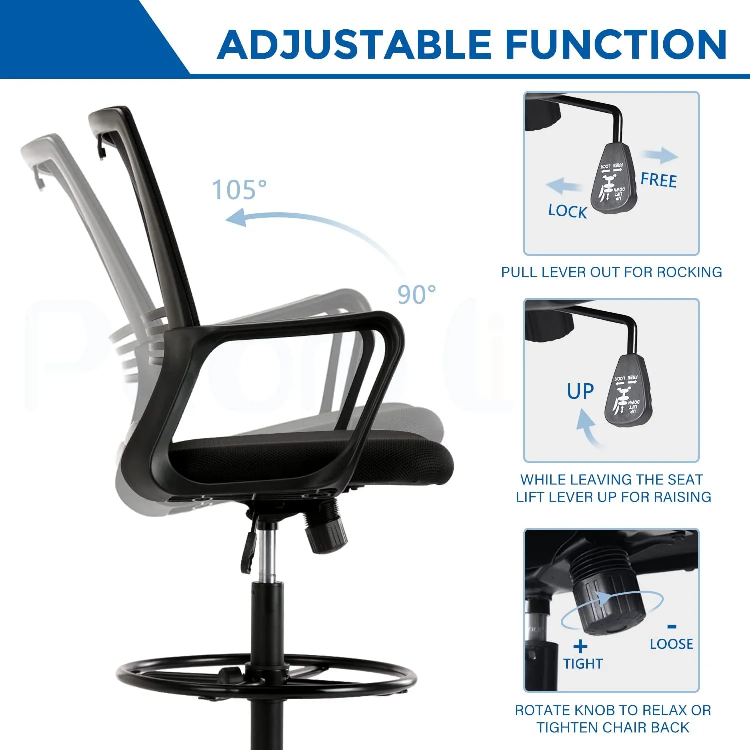 PEOM LIFE Drafting Chair Tall Office Chair - Comfortable Standing Desk Chair Foot Rest Height Adjustable with Armrests Mesh Mid-Back Desk Chair (Black, Modern)