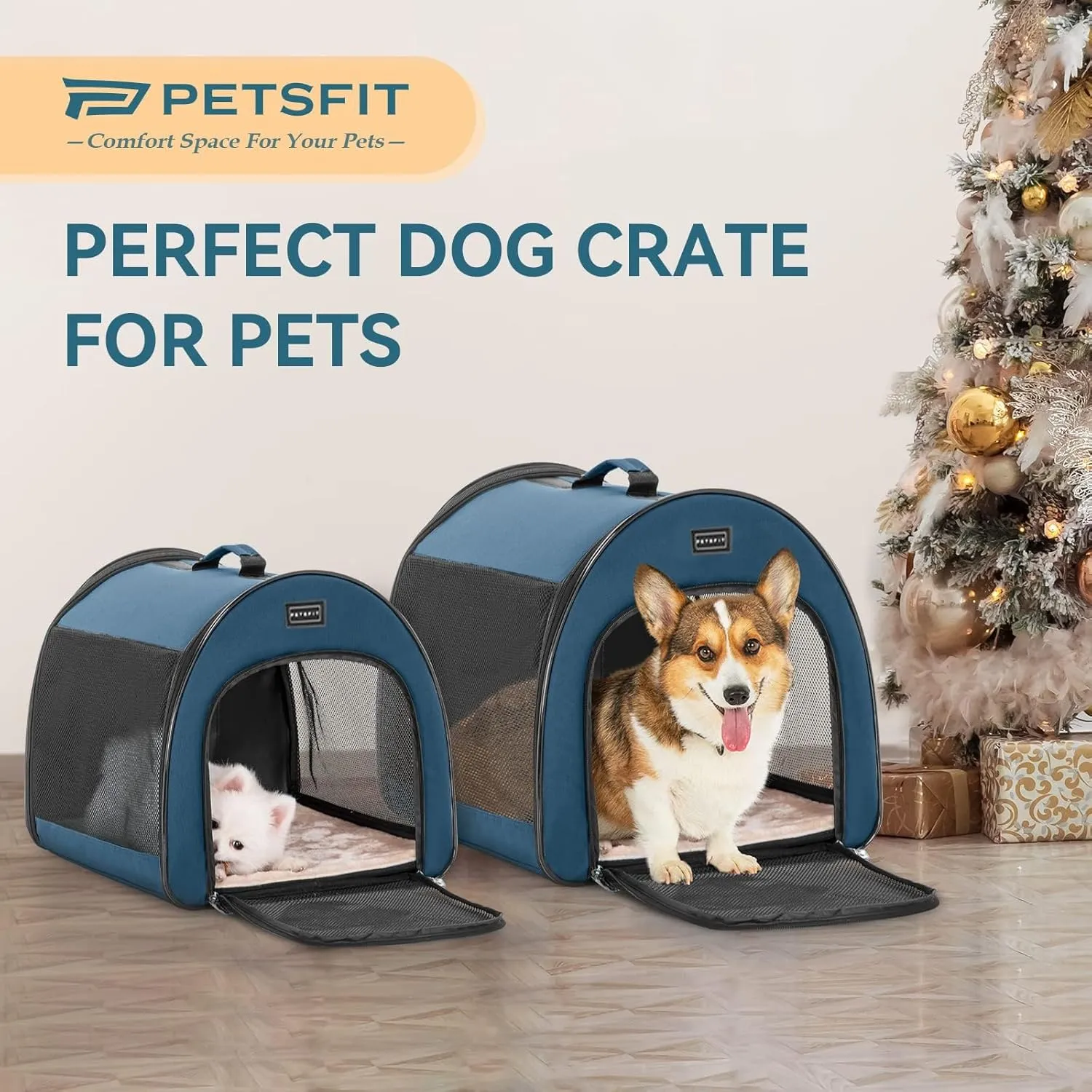 PETSFIT Soft Sided Dog Crate, Travel Dog Crate - 19 Inch Lightweight, Roomy, Easy to Set Up, Sturdy Portable Dog Kennel with Thick Mat, Navy Blue