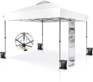 PHI VILLA 10’x10’ Pop Up Canopy Tent - One Push Setup, Instant Shade Tent with Vented Roof for Beach & Events - Includes Storage Bag, Sandbags, Stakes & Ropes (White)
