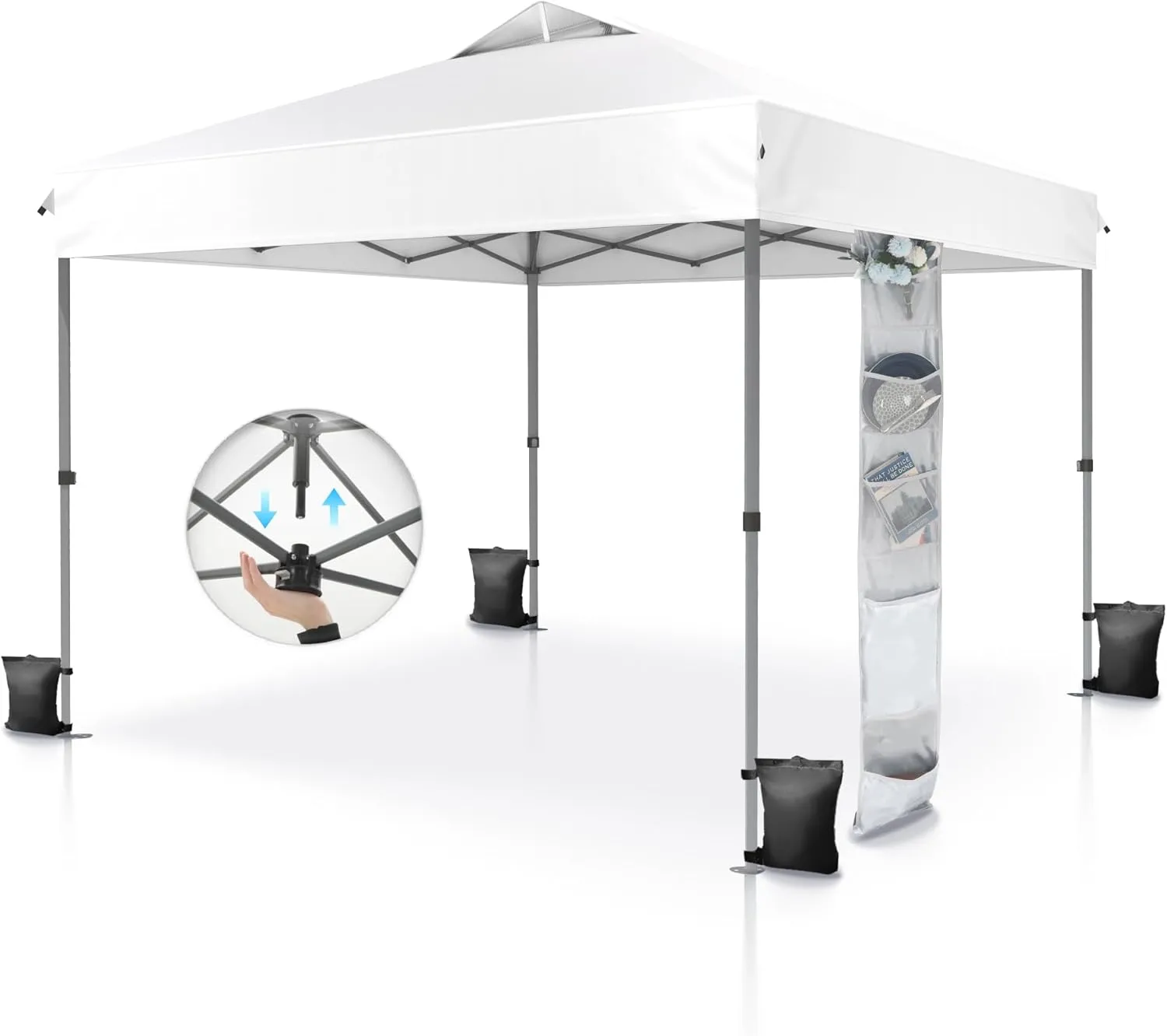 PHI VILLA 10’x10’ Pop Up Canopy Tent - One Push Setup, Instant Shade Tent with Vented Roof for Beach & Events - Includes Storage Bag, Sandbags, Stakes & Ropes (White)