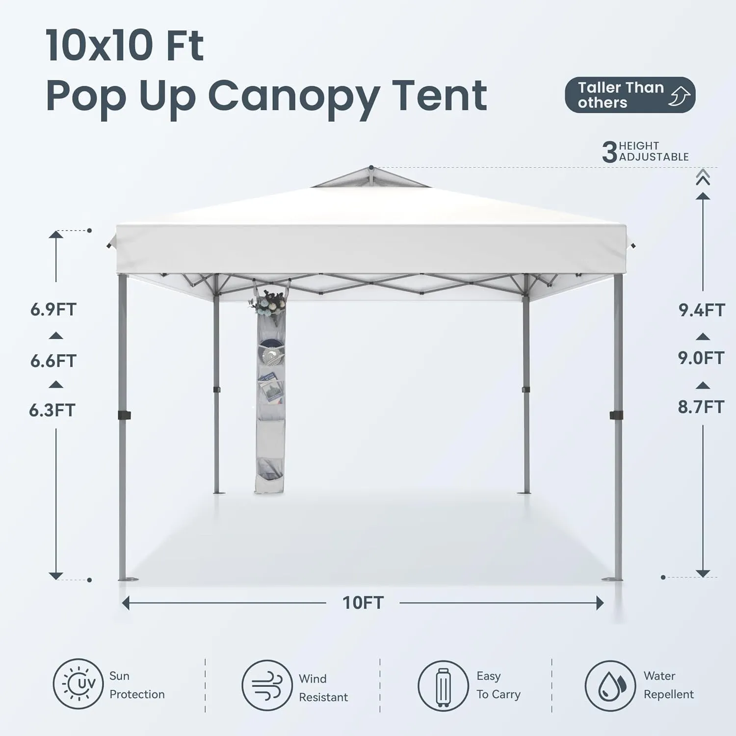PHI VILLA 10’x10’ Pop Up Canopy Tent - One Push Setup, Instant Shade Tent with Vented Roof for Beach & Events - Includes Storage Bag, Sandbags, Stakes & Ropes (White)