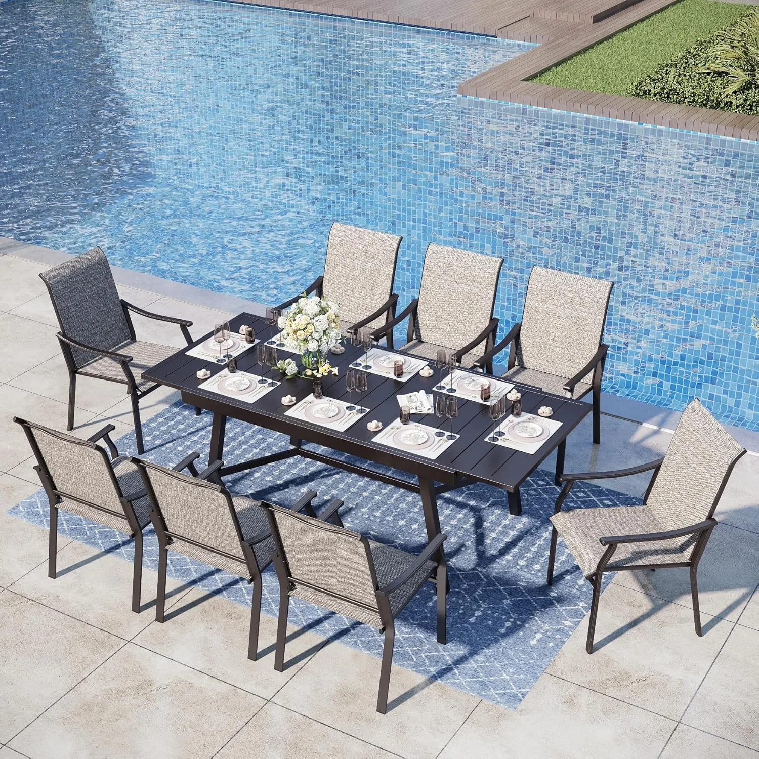 PHI VILLA Outdoor Dining Chairs Set of 8, Breathable Textilene Fabric and Metal Frame with Backrest and Armrest,Quick-Dry and Rustproof,Patio Chairs for Lawn,Garden