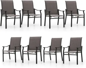PHI VILLA Outdoor Dining Chairs Set of 8, Breathable Textilene Fabric and Metal Frame with Backrest and Armrest,Quick-Dry and Rustproof,Patio Chairs for Lawn,Garden