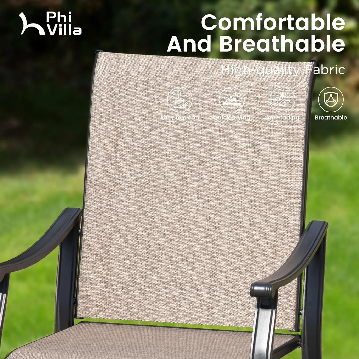 PHI VILLA Outdoor Dining Chairs Set of 8, Breathable Textilene Fabric and Metal Frame with Backrest and Armrest,Quick-Dry and Rustproof,Patio Chairs for Lawn,Garden